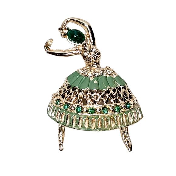 Vtg Green Lady Ballerina Pin Brooch Dancer Beautiful Rhinestones Unbranded - Picture 1 of 8